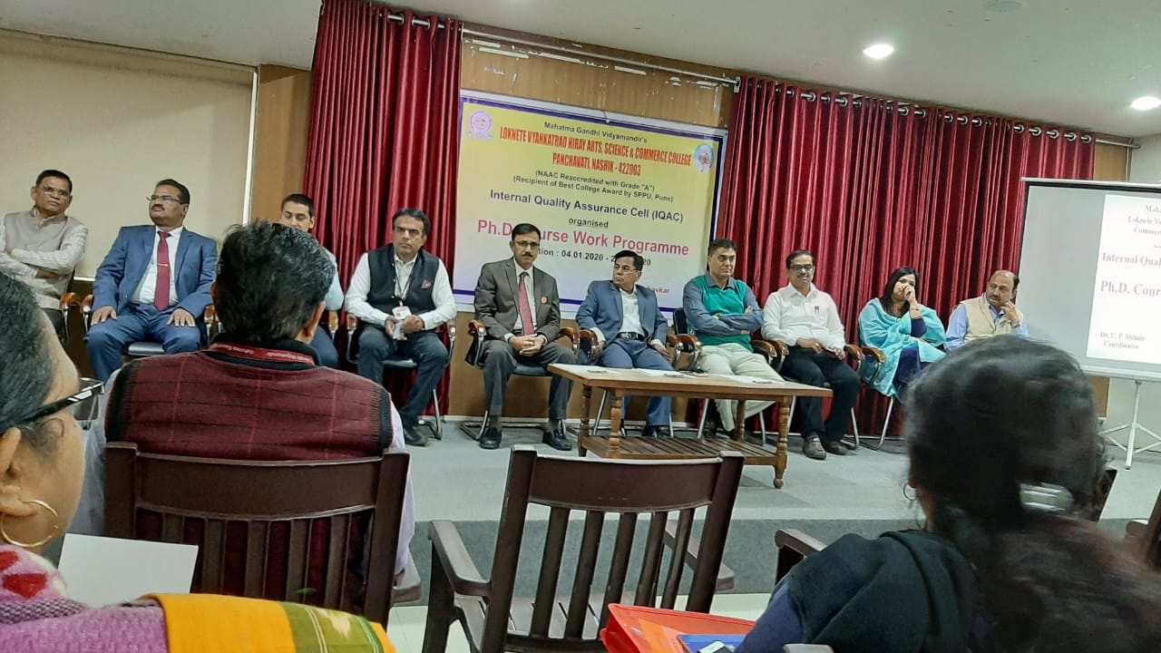 Hon. Join Secretary Dr. V. S. More, Principal Dr. C. G. Dighavkar, Coordinator Dr. U. P. Shinde and other respected personalities at the time of Inaugural function of Ph.D. Course Work Programme on  4th Jan 2020.