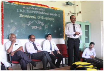 Vice Principal Dr. Ravi Deore gives the Chair Persons Speech on the occasion of 
										Well-come function of Geography Students, on the dais Dr. T. R. Mahale, Science faculty Incharge, Dr. P. Y. Vyalij, HOD Geography, Prof. G. U. Harkar and Mr. Bhagwan Kumbhar.
										